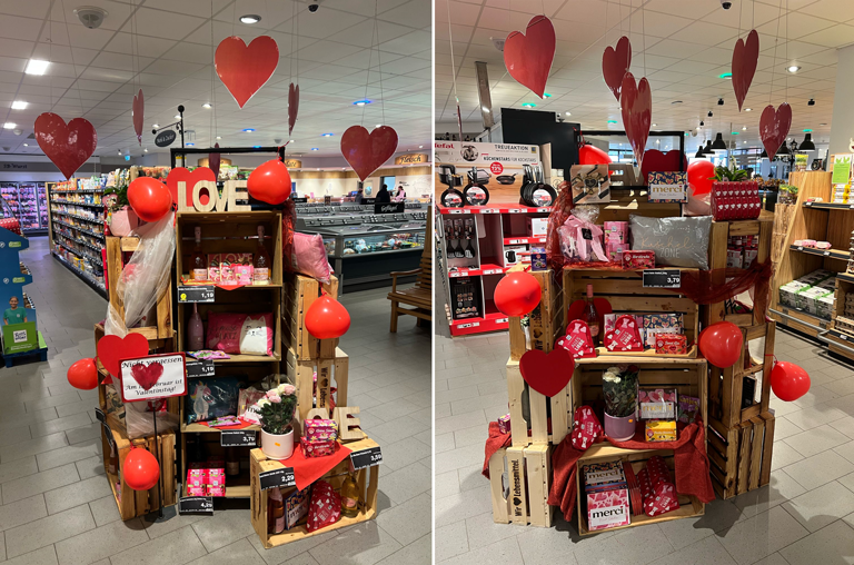 Der neue Aufsteller zum Valentinstag im Markt EDEKA Nils Meyer in Garstedt