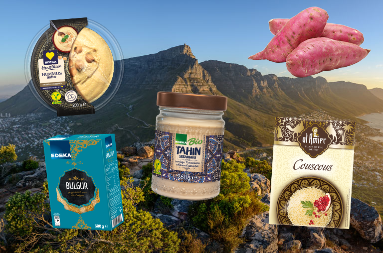 Afrikanische Produkte abgebildet vor dem Tafelberg