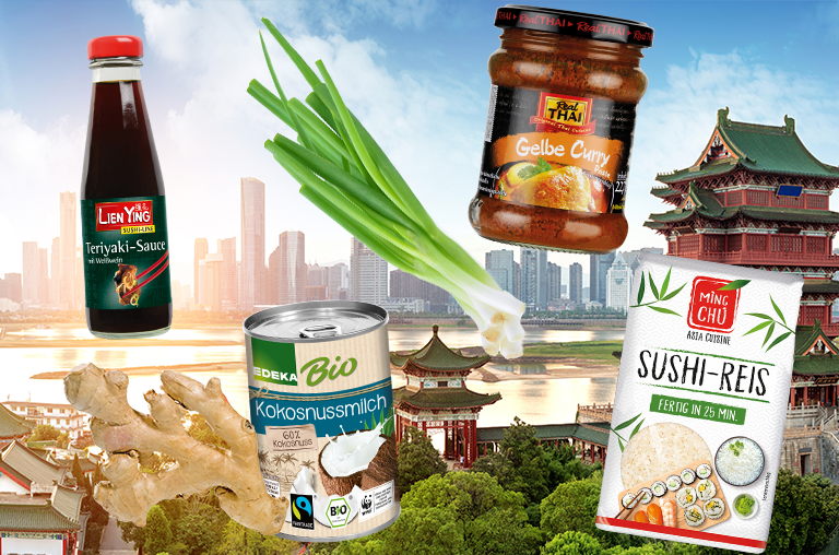 Asiatische Produkte abgebildet vor chinesischer Kulisse