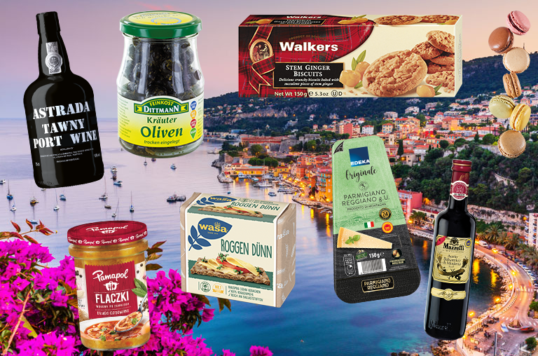 Europäische Produkte vor einer malerischen Küste