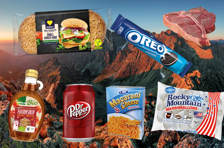 Amerikanische Produkte vor einer Abbildung der Rocky Mountains