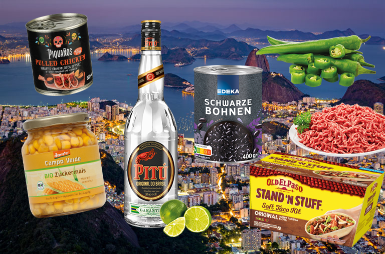 Mittel- udn Südamerikanische Produkte vor einer Abbildung von Rio de Janeiro